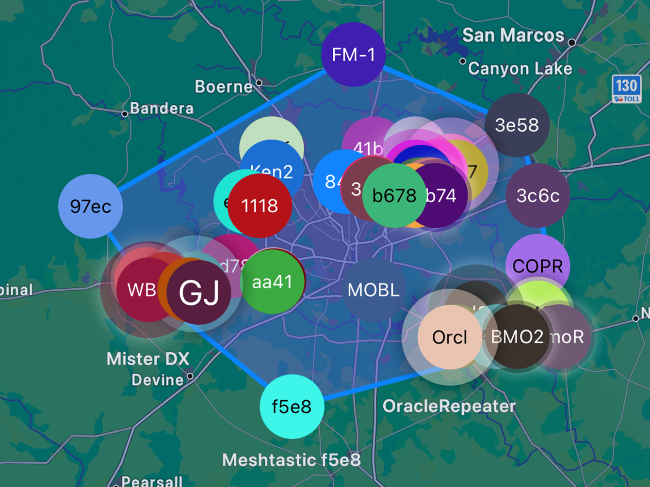 Meshtastic Map Overlay of the Greater San Antonio area showing BMO2 and BmoR nodes utilizing off-grid communications..